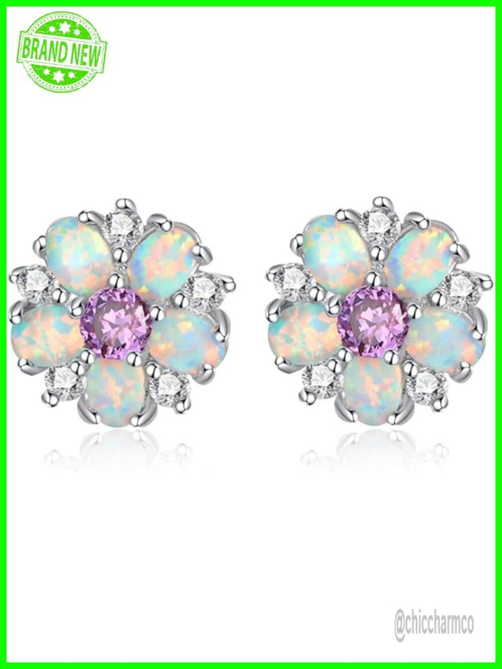 Opal Flower Stud Earrings Sterling Silver Plated Hypoallergenic Gift